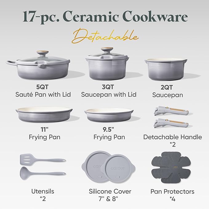 CAROTE 17Pcs Titanium Cookware Set, Pots and Pans Set Non Stick, Kitchen Cooking Set with Detachable Handle, Non Toxic Induction Cookware, Dishwasher/Oven Safe
