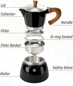 AGOGO Milano Moka Pot Stovetop Espresso Maker with 100 Paper Filters for Sediment-Free Coffee, Classic Italian Greca with Wood-Grain Handle,Cleaning Brush & Towel 6 Cup (10oz / 300ml) Black
