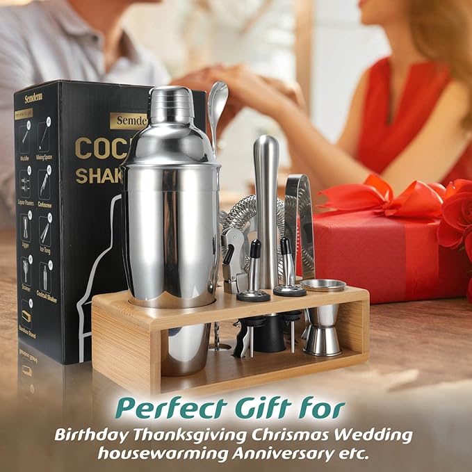 Cocktail Shaker Set, 18/8 Food-Grade Stainless Steel Mixology Bartender Kit 10-Piece Bar Tools with Stylish Bamboo Stand - Rust-Proof & Dishwasher Safe - Professional Martini Shaker Gift for Men, Dad