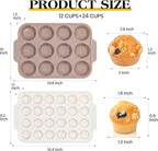 2 Pcs Silicone Muffin Pans for Baking with Metal Reinforced Frame, Nonstick Cupcake Tray for Oven, 12 Cups Regular and 24 Cups Mini Size Silicone Molds for Egg Bites (Brown, Cream)