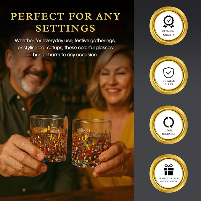 Large Confetti DOF Glasses – Set of 2-11oz Luxury Hand Blown Confetti Whiskey, Margarita, Martini, Cocktails, Water, Wine, Dessert & Champagne Glasses Cinco de Mayo, Hand Blown - Mexican Water Glass