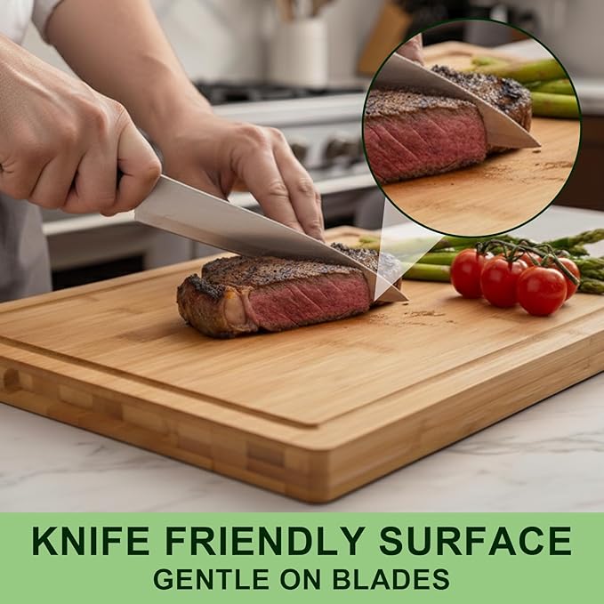 Bamboo Cutting Board for Kitchen, Thickened Chopping Board with Juice Groove & Handles, Large Double Sided Butcher Block for Meat, Vegetables & Charcuterie Serving, 17x12x1 Inch