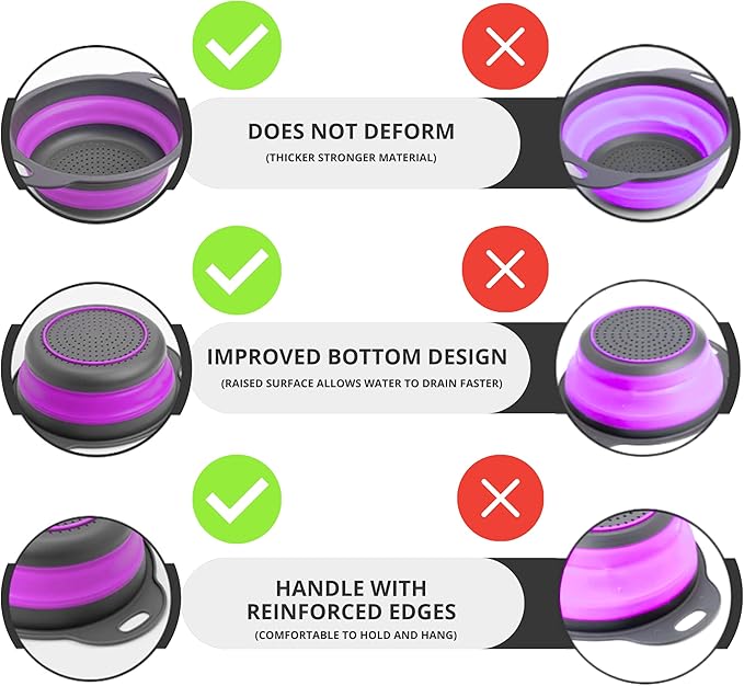 Black and Purple Food Strainer for Kitchen - Small Silicone Colander with Handle for Camping Multifunctional Strainer for Spaghetti and Pasta