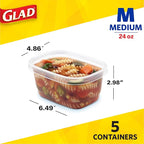 Glad GladWare Medium Rectangle Food Storage Containers with Lids, BPA Free Plastic for Soups Salads and Meal Prep, Airtight Leak Resistant, Microwave Dishwasher Freezer Safe, 24 Oz, 5 Count