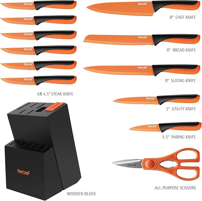 hecef 15 Pieces Kitchen Knife Set with Built-in Sharpening Wooden Block, Dishwasher Safe, High Carbon Stainless Steel Knife Block Set with Steak Knives, Kitchen Scissors (Orange)
