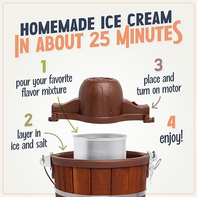 Nostalgia Electric Ice Cream Maker With 6 Qt Capacity - Old Fashioned Ice Cream Machine Makes Frozen Yogurt or Gelato in Minutes- Vintage Wooden Style Ice Cream Maker with Aluminum Canister- Dark Wood