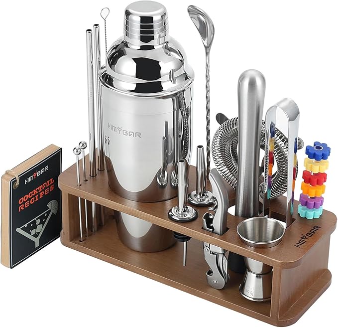 HMYBAR® 22-pc Cocktail Shaker Set(24oz/700ml) | Mixology Bartender Kit | Bar Tool Set | Martini Making Set with 39-Recipe Cocktail Cards & Kit's Deco, Bamboo Stand Brown Color, Silver Tools