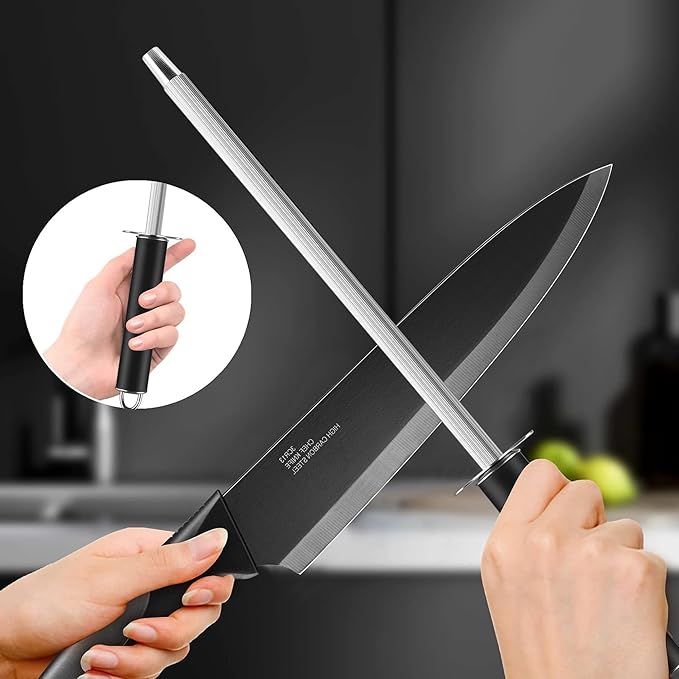 E-far Knife Set with Block, 15 Pieces Kitchen Knife Block Set with Sharpener, High Carbon Stainless Steel Sharp Chef Knife Set with Ergonomic Handles, Anti Rust, Black