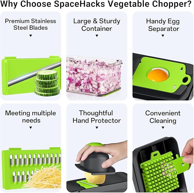 SpaceHacks 15-in-1 Vegetable Chopper, Kitchen Gadgets with 10 Blades, Veggie, Food, Onion Chopper, Cucumber Slicer, Versatile Mandoline, Includes Egg Separator & Finger Guard, Green