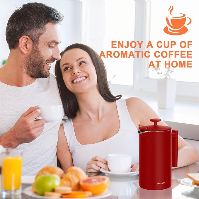 Secura French Press Coffee Maker, 304 Grade Stainless Steel Insulated Coffee Press with 2 Extra Screens, 34oz (1 Litre), Red