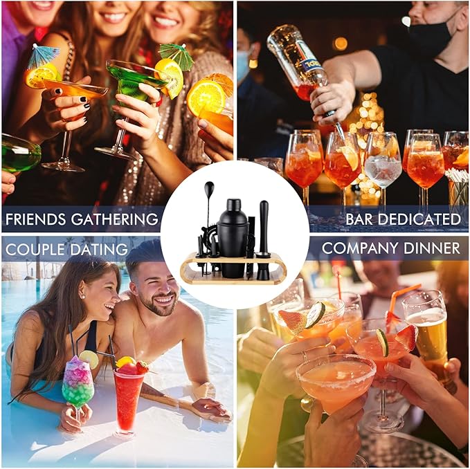 JNWINOG 12Pcs-Cocktail Shaker Set Stainless Steel Bartending Kit 18.6oz Cocktail Bar Set Cocktail Mix Drink Making Kit Professional Bar and Home Drink Bar Tools for Bartender (Matte Black, 12Pcs)