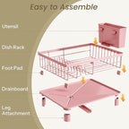 SNTD Dish Drying Rack - Small Dish Rack for Kitchen Counter, Stainless Steel Dish Drainer with Utensil Holder and Drainboard, 11" W x 15" L (Pink)