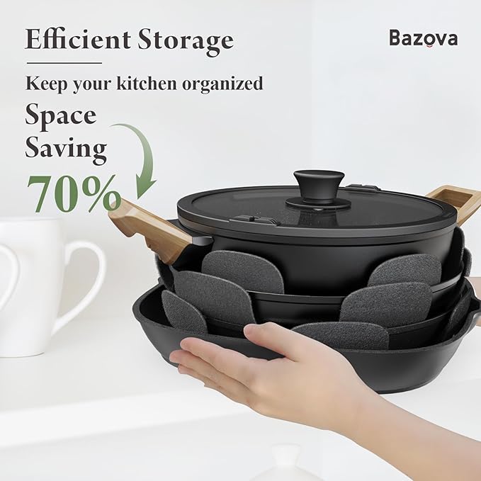 Bazova 19 Pcs Pots and Pans Set Non Stick Ceramic Cookware Set with Removable Handles, Non Toxic Induction Kitchen Cookware Sets RV Cookware,Dishwasher/Oven Safe PFAS/PTFE/PFOA Free,Black