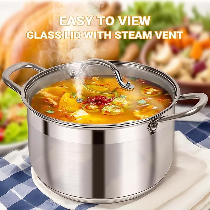 Kirecoo Stainless Steel Stock Pot - 12 Quart Heavy Duty Stock Cooking Pot with Visible Lid for Pasta, Soup, Spaghetti, Nonstick Thick Bottom Big Stockpot, Cookware for Canning, Boiling, Simmer