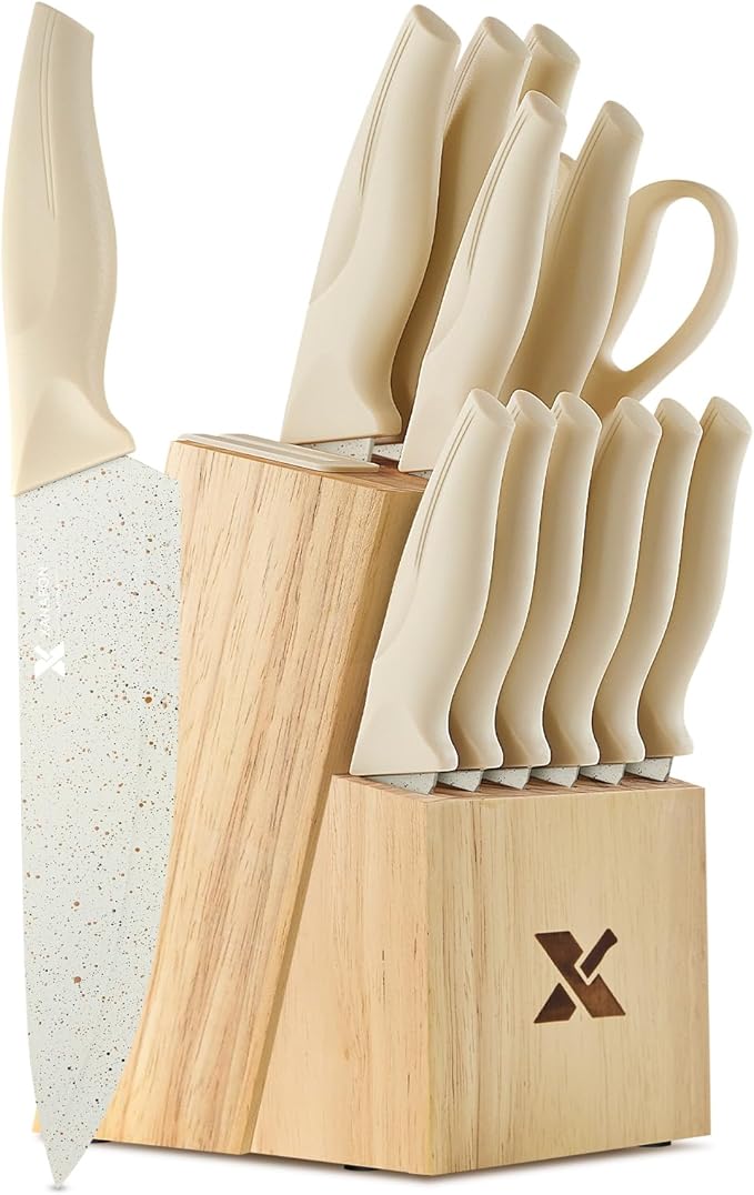 XANAPON Knife Set, Dishwasher Safe Kitchen Knife Set, CreamWhite Ergonomic Handle and Ceramic-Coated Blades, Built-in Sharpener Block, Sturdy German Stainless Steel
