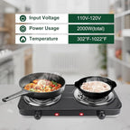 Double Burner Cooktop, 2000W Portable Electric Stove, 5 Level Temperature Control, 6” Heating Coil, Easy to Clean, Power Indicator Lights, Coil Hot Plate for Home Dorm Camping Cooking