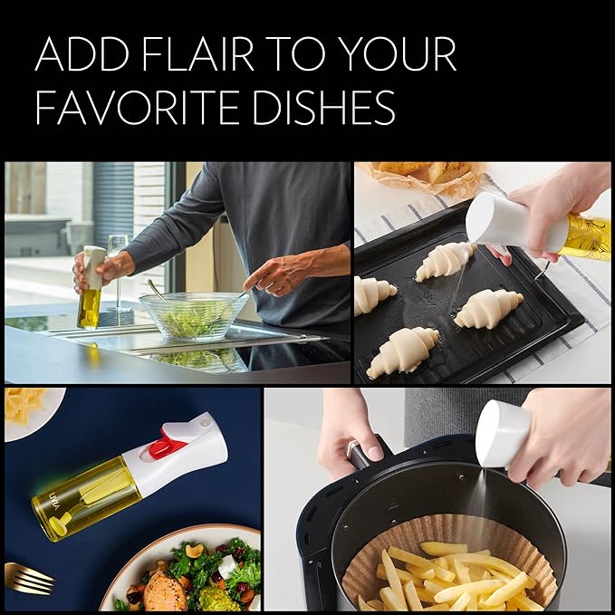 FLAIROSOL OLIVIA SIGNATURE Advanced Kitchen Oil Sprayer Technology, Fine Mist & Portion Control, Refillable Glass Olive Oil Cooking Spray Bottle for Air Fryer, Salad, BBQ, 130ml (White Print)