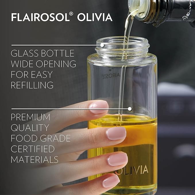 FLAIROSOL OLIVIA SIGNATURE Advanced Kitchen Oil Sprayer Technology, Fine Mist & Portion Control, Refillable Glass Olive Oil Cooking Spray Bottle for Air Fryer, Salad, BBQ, 130ml (White Print)