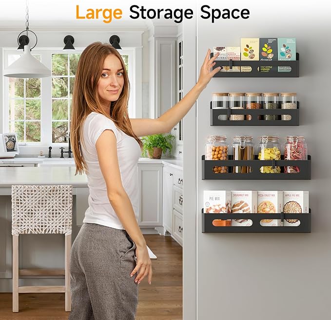 Sevenblue 2 Pack Strong Magnetic Spice Rack for Refrigerator, Multipurpose Magnetic Shelf for Fridge with 4 Hooks for kitchen and Bathroom Organization, Black