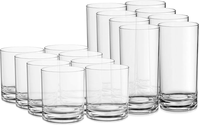 Elegant Acrylic Drinking Glasses [Set of 16] Attractive Clear Plastic Tumblers - Unbreakable Drinkware Set Ideal for Indoor and Outdoor - Kid Friendly