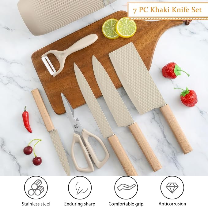 Knife Set, 7 Pieces Professional Kitchen Knife Set with Universal Knife Block, Super Sharp Knife Block Set with Ergonomic Handle Non-stick Stainless Steel Knife Block Set (Beige)