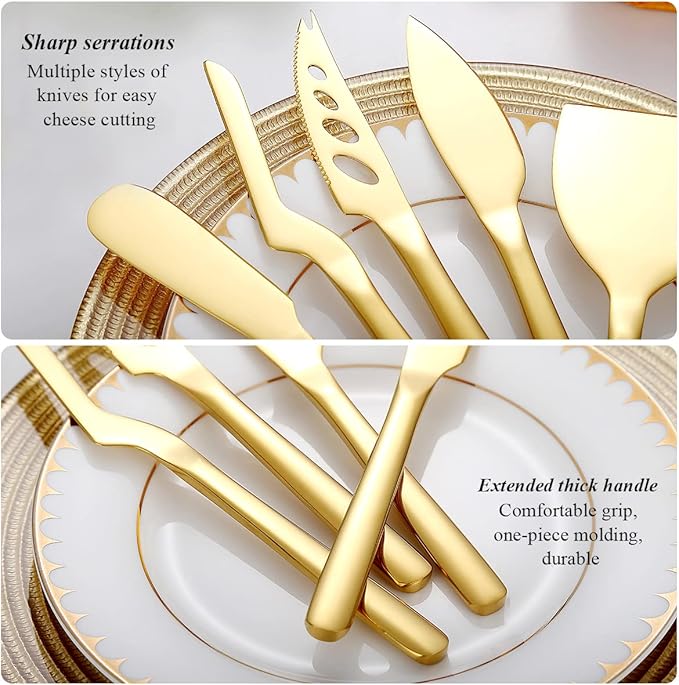 Berglander Gold Cheese Knife Set of 5 for All Types of Cheese, Golden Titanium Plating Cheese Cutter Slicer Ergonomic Design for Confortable Grip and Cut, Butter Spreader Knife