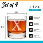 On The Rox (X-Monogram)- 4 Piece Set of 11 Ounce Engraved Heavy Base Rocks Glasses- Quality Elegant Glass-Multi-Purpose Beverage-Rocks Glass- For any Occasion