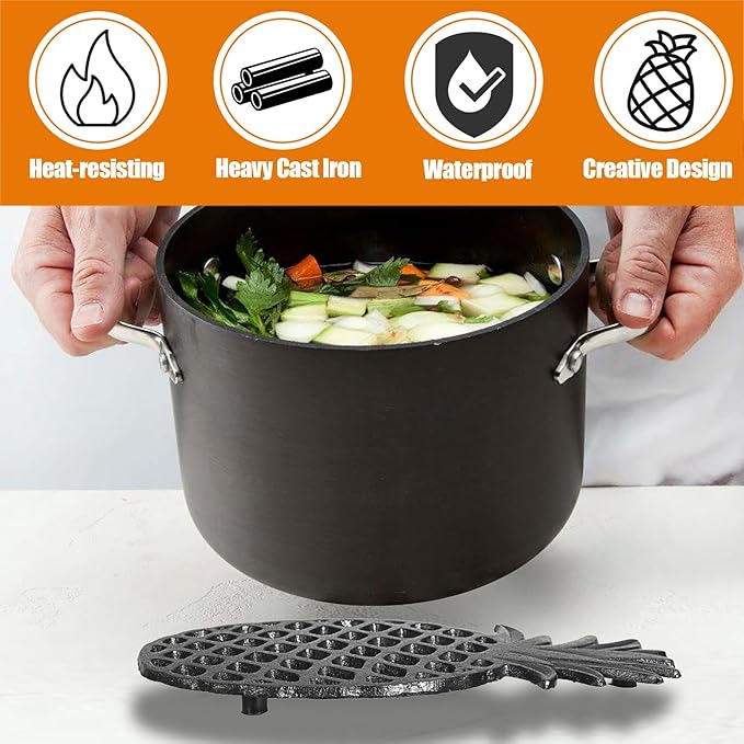 Sumnacon 2 Pack Cast Iron Trivets for Hot Dishes, Pots and Pans - Decorative Pineapple Trivet with Non-Slip Rubber Pegs Rustic Metal Pot Holders for Kitchen Countertop Dining Table Home Decor, Black