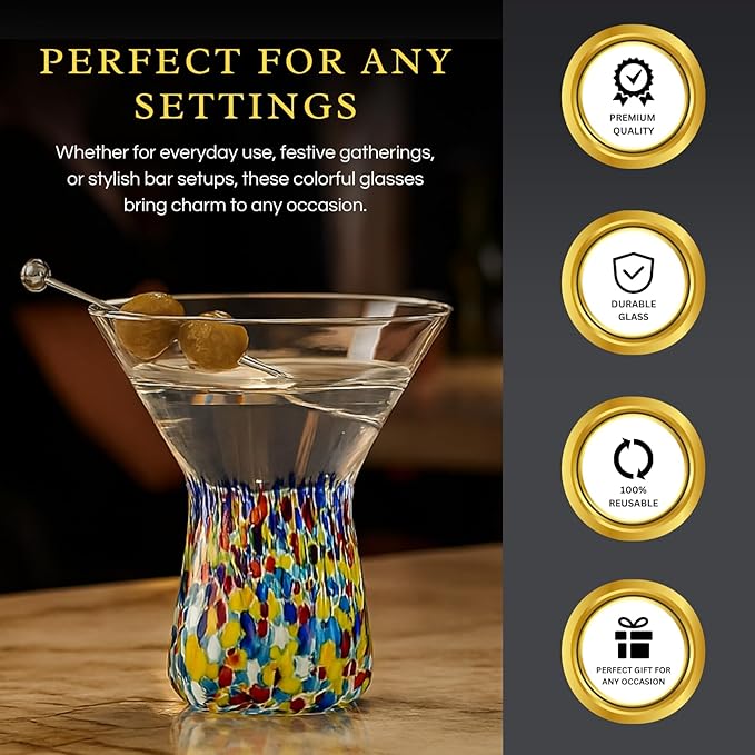 Large Stemless Martini Glasses – Set of 2-8oz Luxury Hand Blown Confetti Margarita, Martinis, Cocktails, Water, Wine, Dessert & Champagne Glasses Cinco de Mayo, Hand Blown - Mexican Confetti Glass