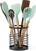 Utensil holder for Kitchen Counter - 5.2" x 5.2" x 6" Large Round Utensils Holder with Wooden Base Matte Black Cooking Utensil Holder，Kitchen countertop Utensil Organizer (Metal-1)
