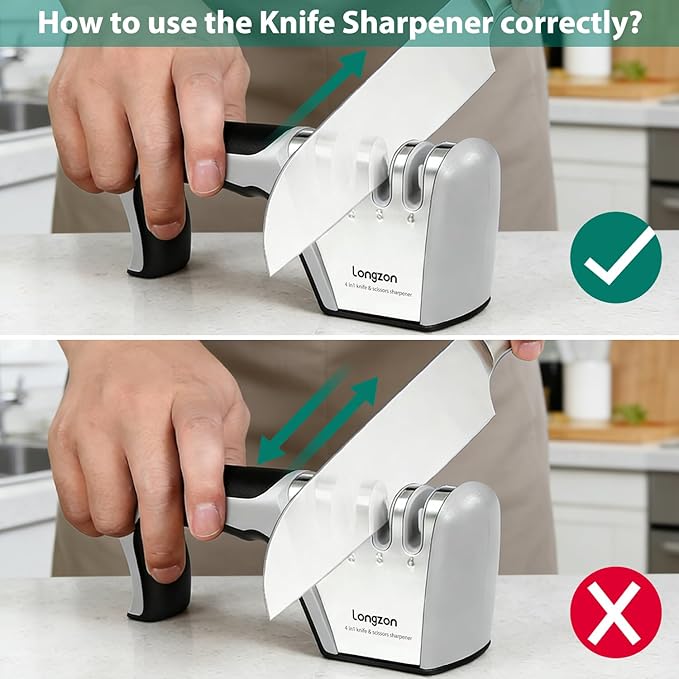 Longzon 5-in-1 Knife Sharpener 4 Stage with Cut-Resistant Glove, Quickly Sharpens & Restores Dull Blades, Easy & Safe for Home Kitchen Use, Fits Most Knives and Scissors, Black+Silver