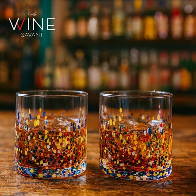 Large Confetti DOF Glasses – Set of 2-11oz Luxury Hand Blown Confetti Whiskey, Margarita, Martini, Cocktails, Water, Wine, Dessert & Champagne Glasses Cinco de Mayo, Hand Blown - Mexican Water Glass