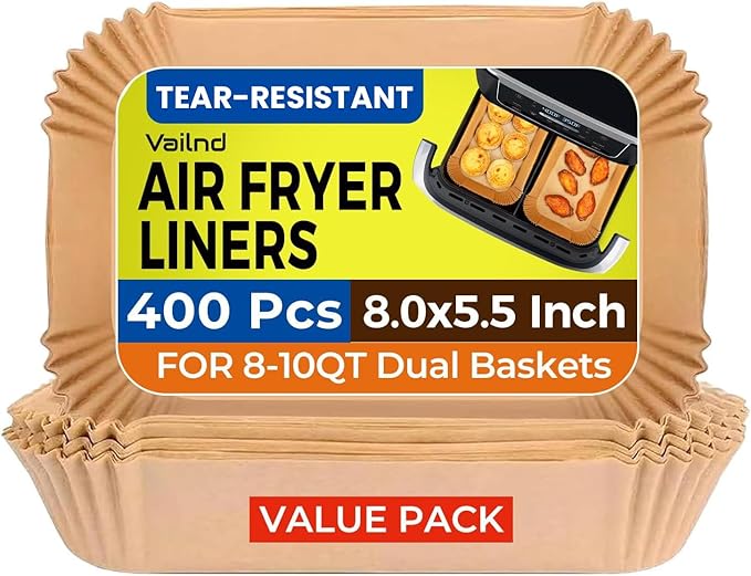 400Pcs Air Fryer Liners Disposable for Dual Basket, 8x5.5 Inch Parchment Paper Sheets, Rectangular Baking Liners for Ninja DZ201 DZ401, Chefman/COSORI 2-Basket Air Fryer, Oil Proof & Non-Stick