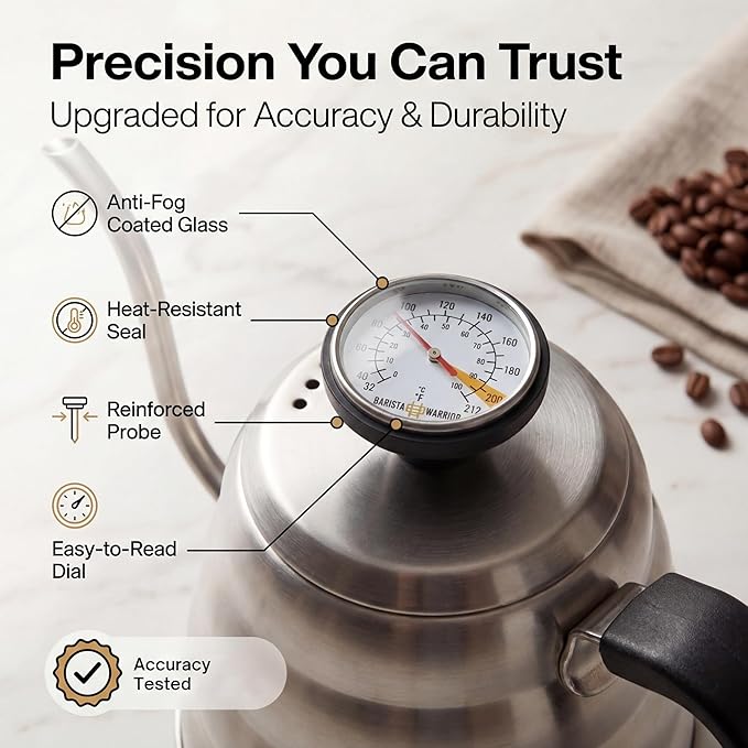 Barista Warrior Gooseneck Kettle with Thermometer - 1L Pour Over Coffee & Tea Kettle, 18/8 Stainless Steel Gooseneck Kettle Pot, Precision Pour Drip Spout, Suitable for All-Stoves (34 fl oz)