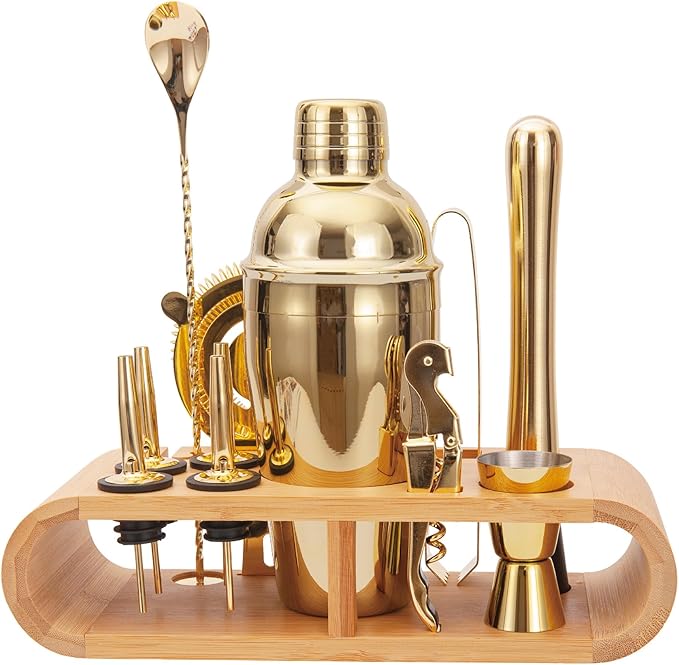JNWINOG 12Pcs-Cocktail Shaker Set Stainless Steel Bartending Kit 18.6oz Cocktail Bar Set Cocktail Mix Drink Making Kit Professional Bar and Home Drink Bar Tools for Bartender(Gold, 12Pcs)