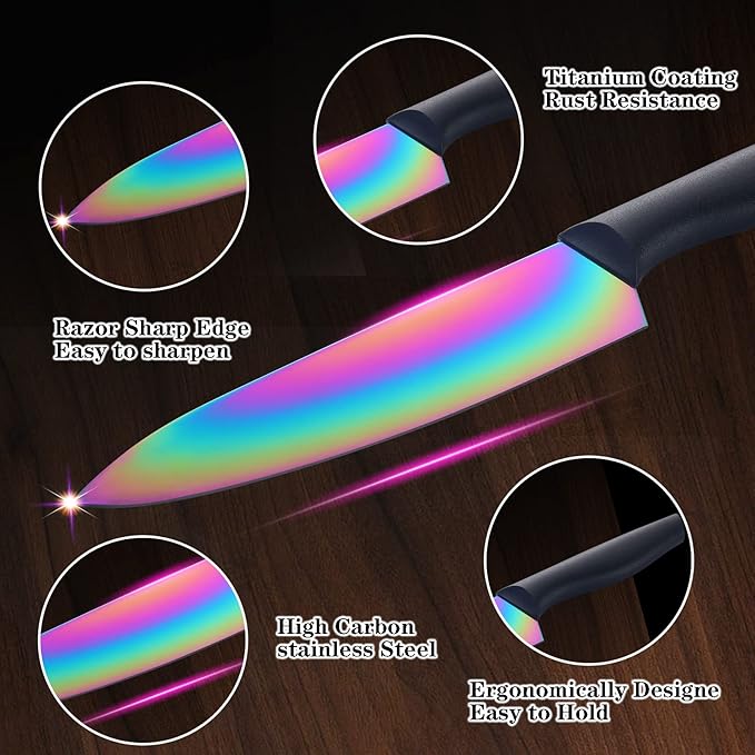 Marco Almond Knife Set with Block, 14 Piece Rainbow Titanium Knife Block Set, KYA25 Cooking Steak Knives set with Black Handle.
