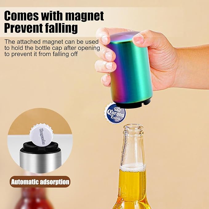 Beer Bottle Opener Destapadores de Cerveza Automatic Bottle Opener Bottle Cap Opener, Down-Pop Off Beer Bottle Opener with Magnetic Cap Catcher, Cool Bartender Tools, Men Beer Gift （Color）