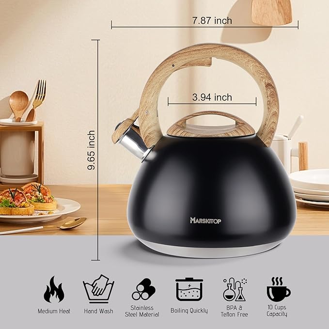 MARSKITOP Tea Kettle for Stove Top, Whistling Kettle Teapot for Stovetop, Food Grade Stainess Steel Teakettle with Cool Touch Ergonomic Handle, 2.6 Quart, Black