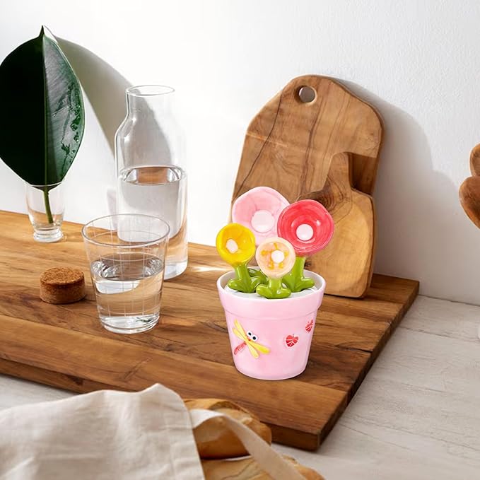 Flower Measuring Spoons Set in Pot - Ceramic Baking Measuring Spoons with Holder for Dry & Wet Ingredients - Cute Flower Figurine - 1 Tbsp, 1 Tsp, 1/2 Tsp, 1/4 Tsp - Unique Gift, Dishwasher Safe(Pink）