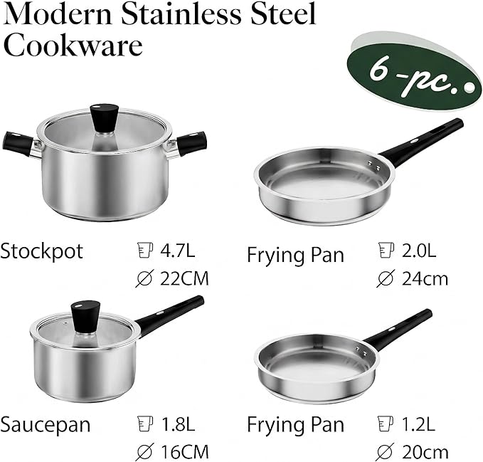 Meythway Stainless Steel Pots and Pans Set Non Toxic, 6PCs Kitchen Cookware Sets with Stay-Cool Handles, Dishwasher Safe&Compatible with All Stovetops(Gas,Electric&Induction)