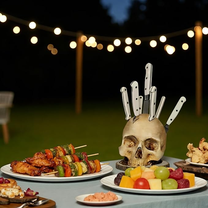 Life Size Skull Knife Block Holder - Hand Painted Resin Skull with 6 Slots for Kitchen Knives & Fruit, Horror Goth Kitchen Decor, Scary Party Display and Countertop Storage