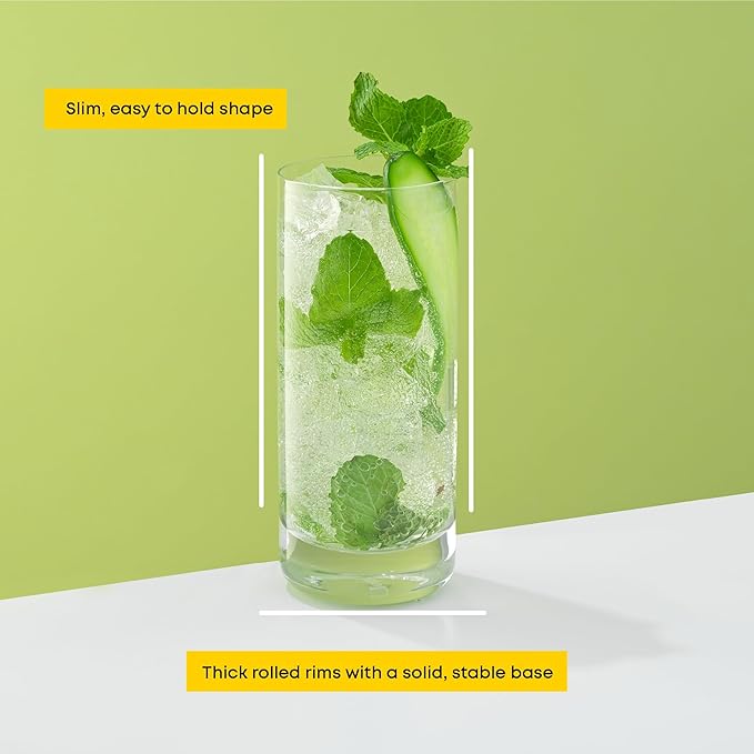 JoyJolt Faye 13oz Highball Glasses, 6pc Tall Glass Sets. Lead-Free Crystal Drinking Glasses. Water Glasses, Mojito Glass Cups, Tom Collins Bar Glassware, and Mixed Drink Cocktail Glass Set