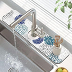 Findosom 2PCS 17" x 32" Dish Drying Mat & 24" x 5.5" Sink Splash Guard, Super Absorbent & Cuttable Dish Mat Drying Kitchen Mat with Blue Floral, Hide Stain Drying Mat for Kitchen Counter