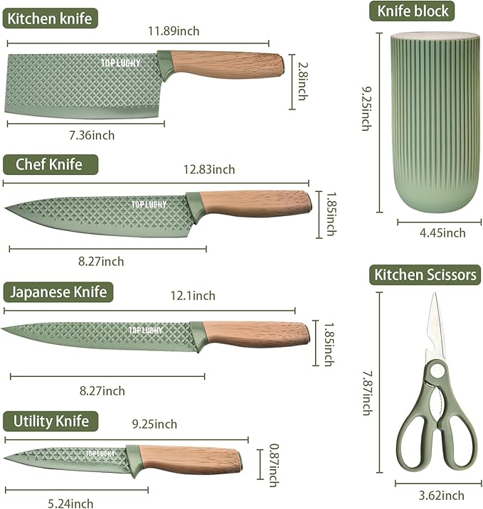 Kitchen Knife Set, Retrosohoo 6-Pieces Green Sharp Knife Set for Kitchen, Non-stick Non-slip Stainless Steel Chef Knife Set with Universal Knife Block Suitable for Home Restaurant (Green)