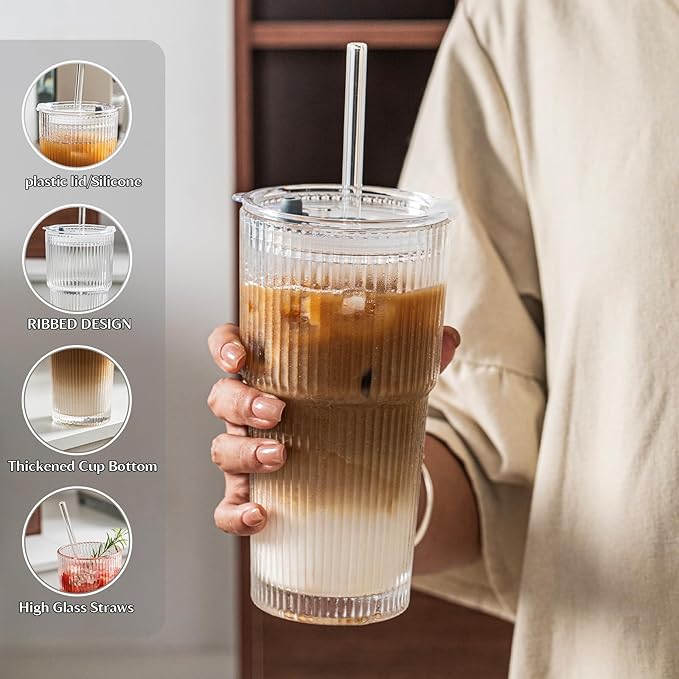 INSETLAN 8-Piece Glassware Set – 20 oz Ribbed Glass Tumblers with Lids and Glass Straws, Heavy-Duty Tumblers, Ideal for Iced Coffee, Smoothies, Cocktails, and Juices – Elegant and Durable Drinkware