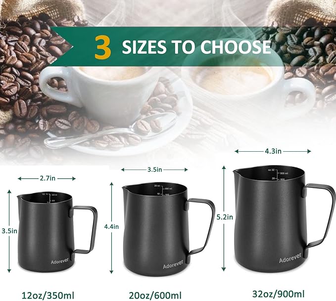 Milk Frothing Pitcher 350ml/12oz Steaming Pitchers Stainless Steel Milk Coffee Cappuccino Latte Art Barista Steam Pitchers Milk Jug Cup with Decorating Art Pen, Matte Black
