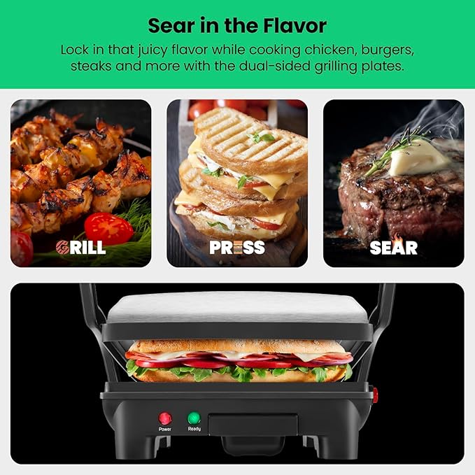 Chefman Panini Press Grill and Gourmet Sandwich Maker Non-Stick Coated Plates, Opens 180 Degrees to Fit Any Type or Size of Food, Stainless Steel Surface and Removable Drip Tray, 4 Slice, Black