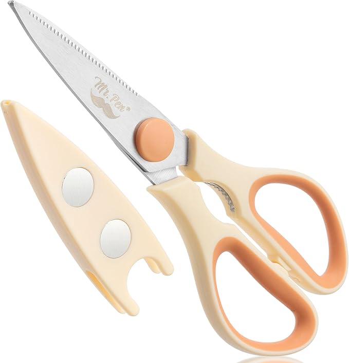 Mr. Pen- All Purpose Kitchen Shears with Protective Sheath, 8 Inch, Dishwasher Safe, Stainless Steel Food Scissors with Micro-Serrated Blades, Durable Utility Kitchen Shears, Cream & Tan