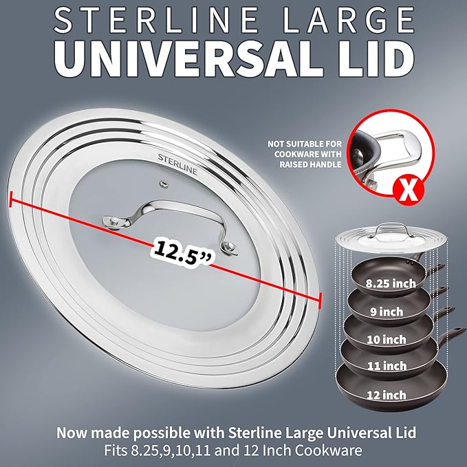 Large Universal Lid,Fits 8 -12 Inch Cookware,Tempered Glass Top with Steam Vent for Pots, Frying Pan,Stainless Steel Replacement Pot Lid for Kitchen Organizing, Space Saving