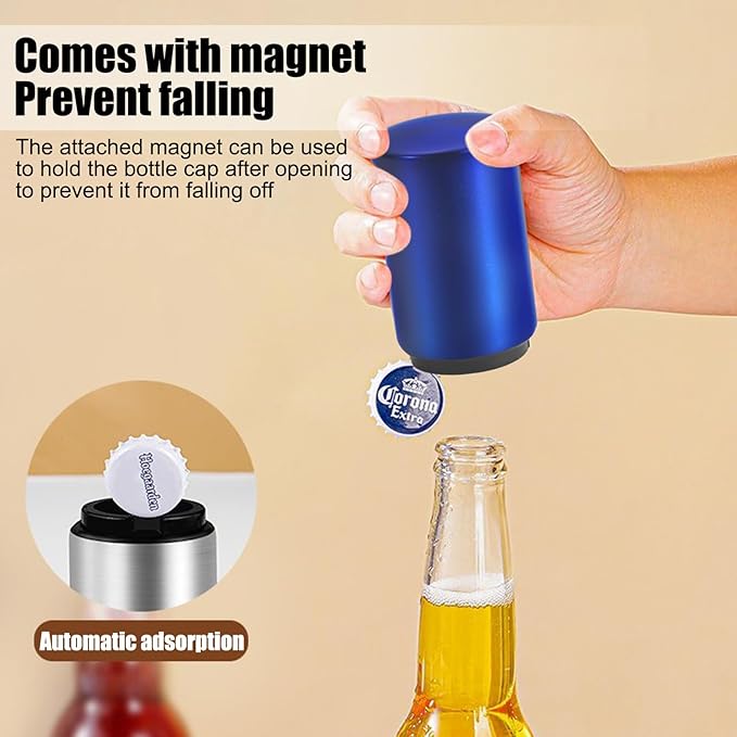Destapador De Cerveza Automatic Beer Bottle Opener with Magnetic Cap Bottle Opener, Stainless Steel One Handed Lid Opening Spring Loaded Push&Pop Bottle Opener for Kitchen Home Bar Gift（Blue）
